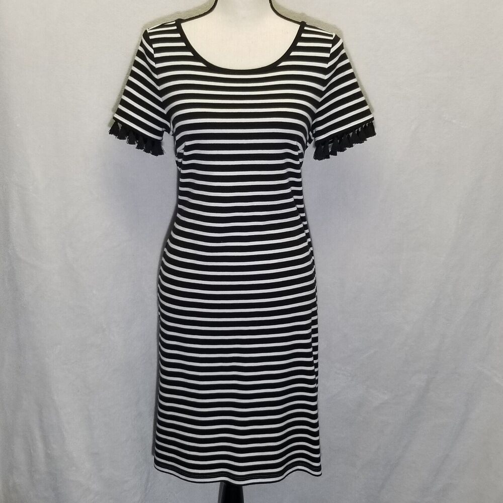 Talbots Medium Petite Dress Striped Tassle Short Sleeve Black White Tie Keyhole